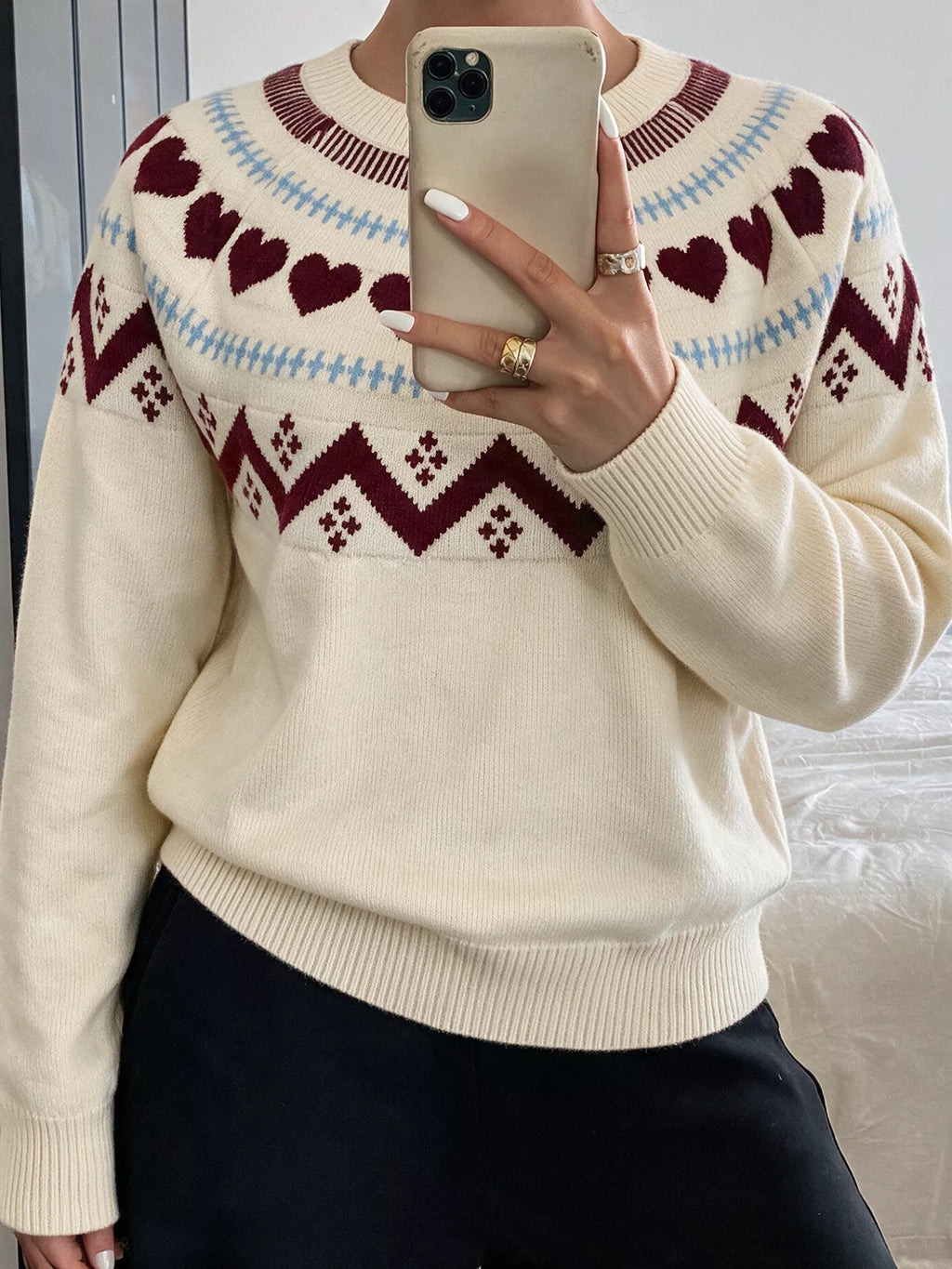 Heart-Patterned Crew Neck Sweater