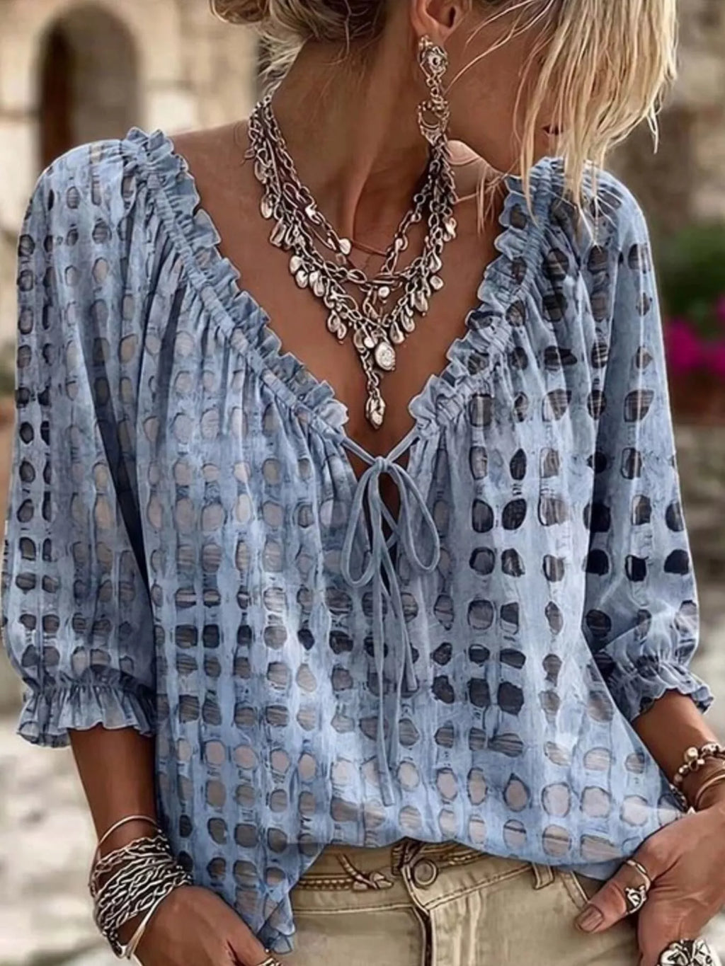 Full Size Tie Neck 3/4 Sleeve Blouse Plus Size