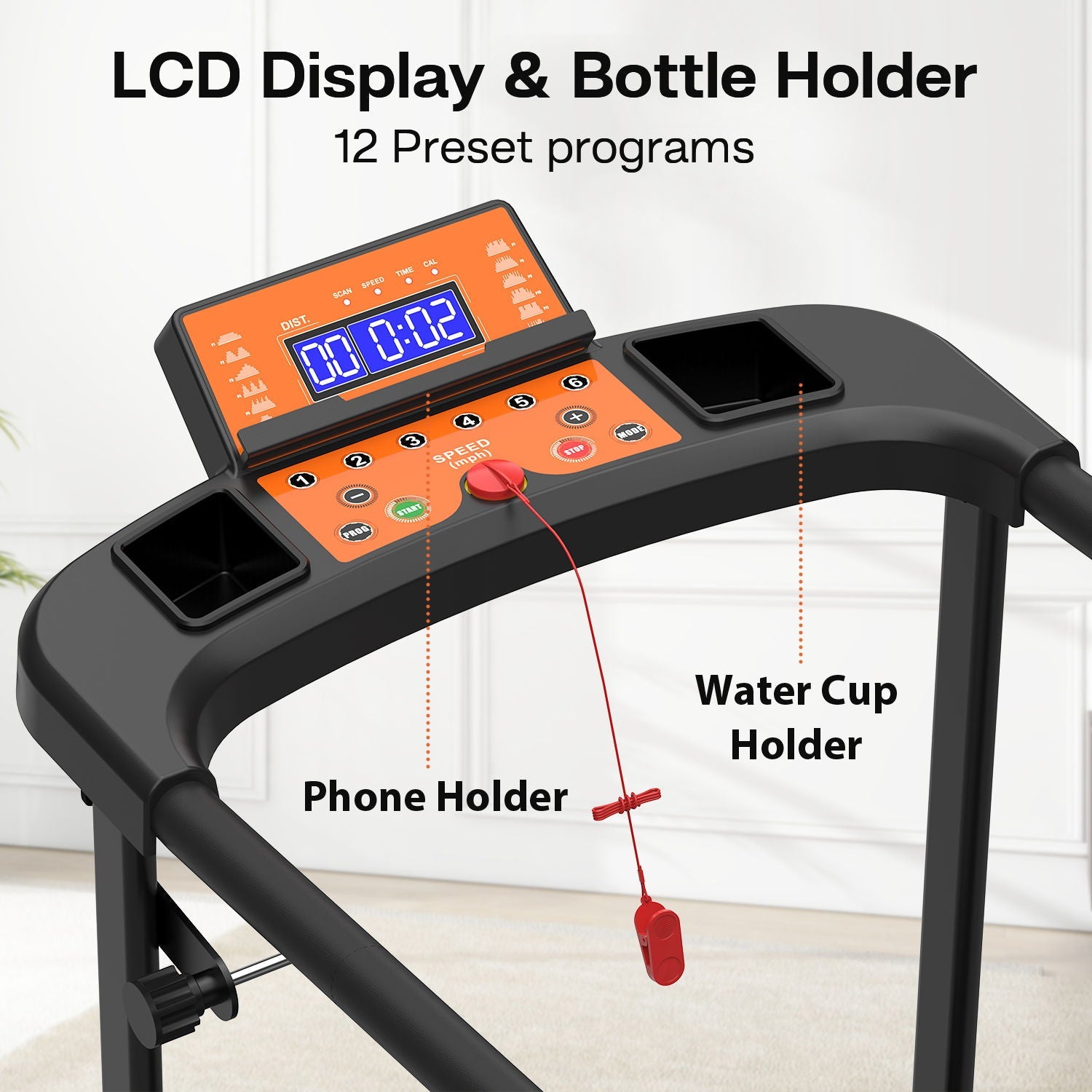Home Fitness Treadmill With Extended Handrails, Portable Foldable Design - Black / Orange