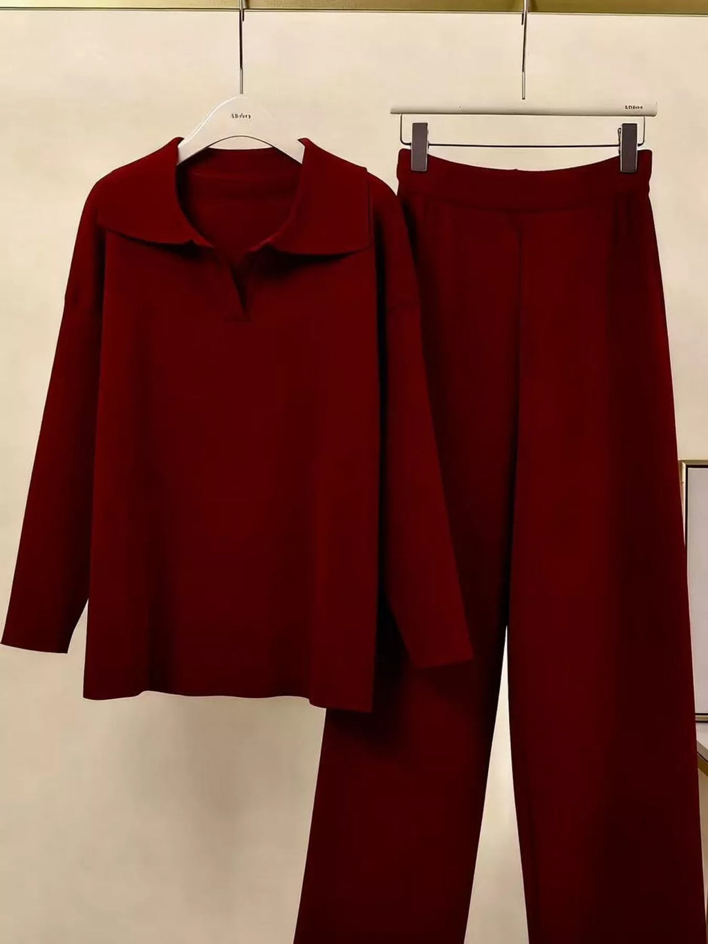 Polo Collar Top and Wide-Leg Pants Set