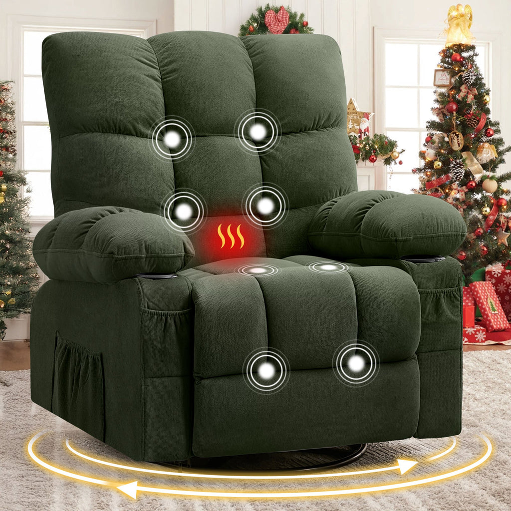 Massage Swivel Recliner Chair with Vibration Massage and Lumbar Heating - Green or Brown