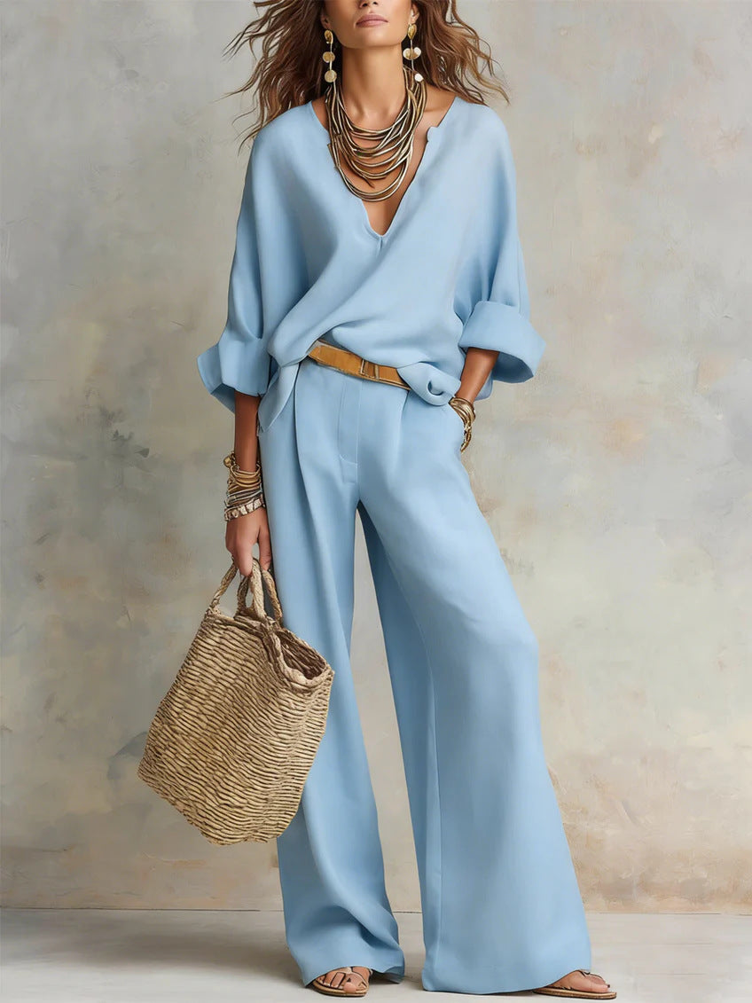 Women's Casual Linen Vacation Set – Three-Quarter Sleeve Top & Full-Length Pants