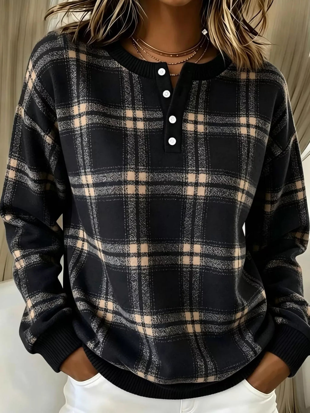 Full Size Plaid Button Detail Long Sleeve Sweatshirt Plus Size