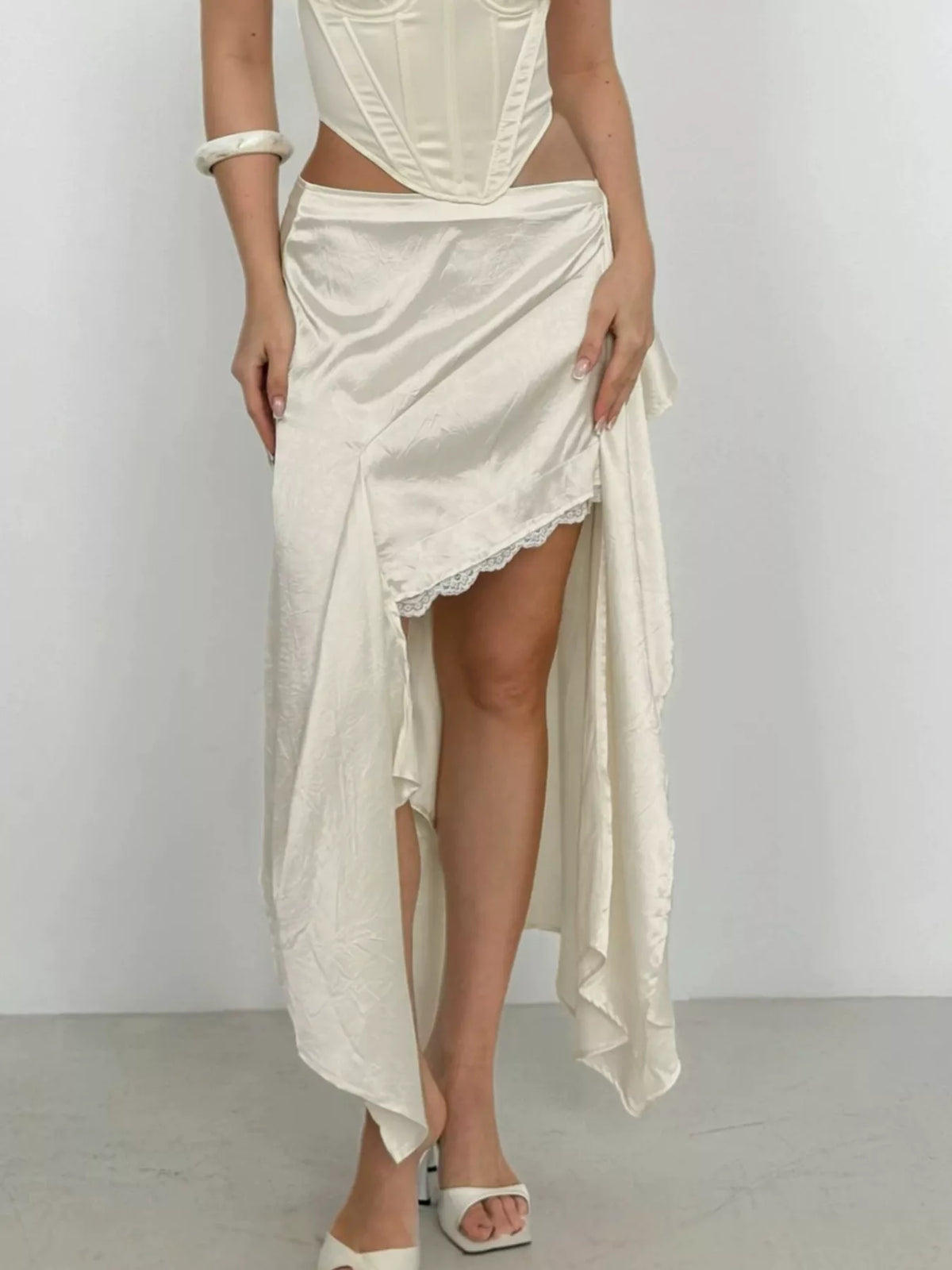 Satin High-Low Lace Trim Skirt