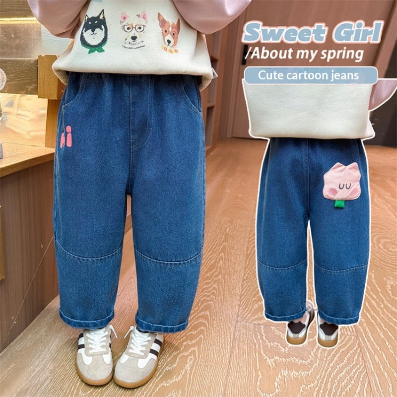 Girls Polyester Fiber Cartoon Pocket Jeans