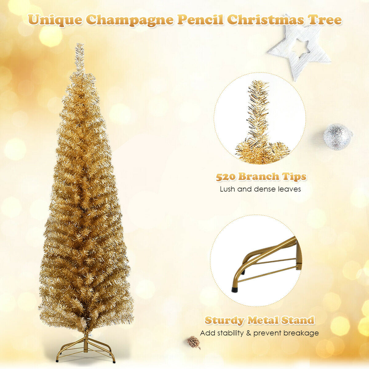 6 Feet Tinsel Tree Unlit Slim Pencil Christmas Tree