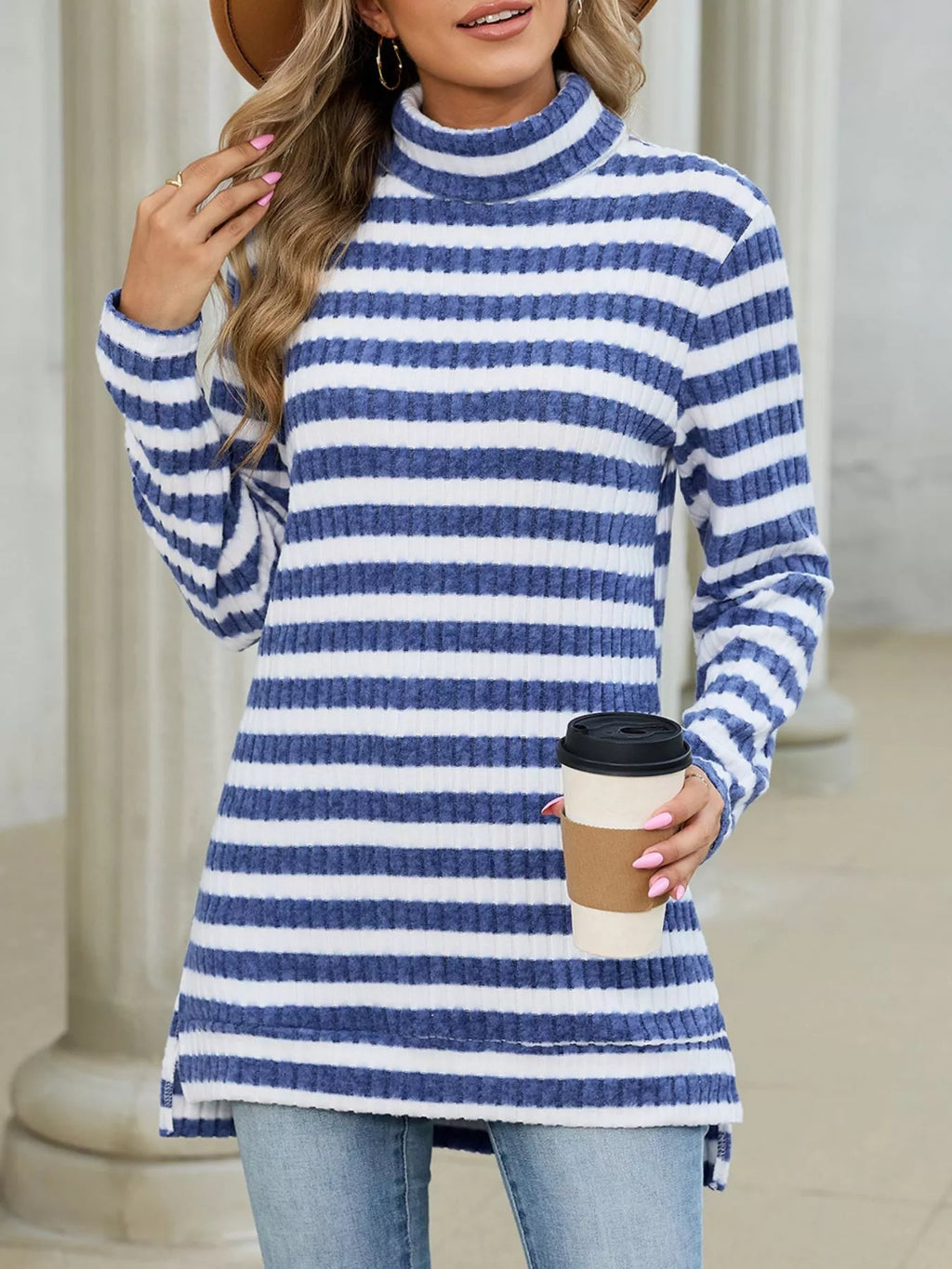 Striped Ribbed Knit Turtleneck Long Sleeve T-Shirt