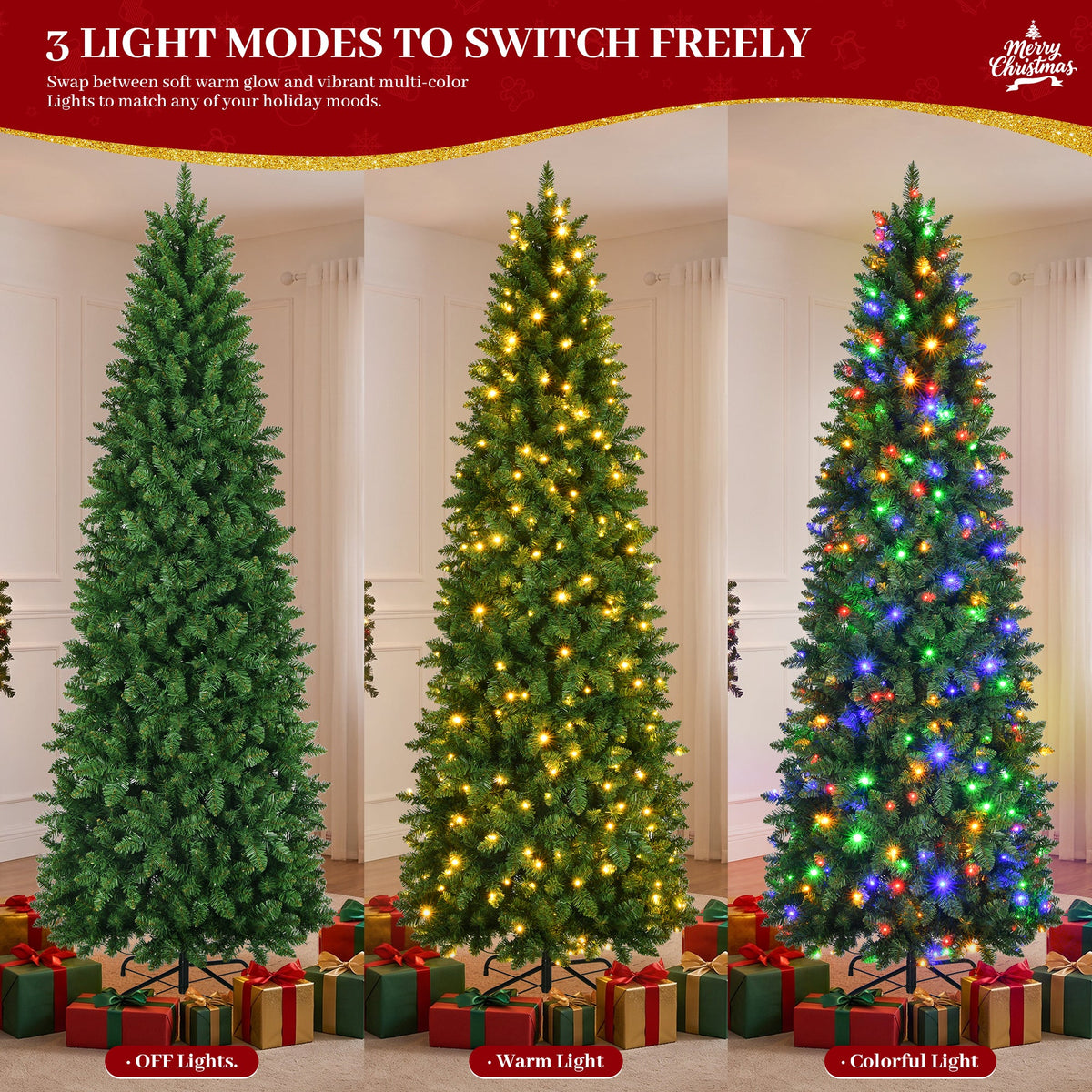 Prelit Pencil Christmas Tree, 9ft Premium Artificial Tree, Warm