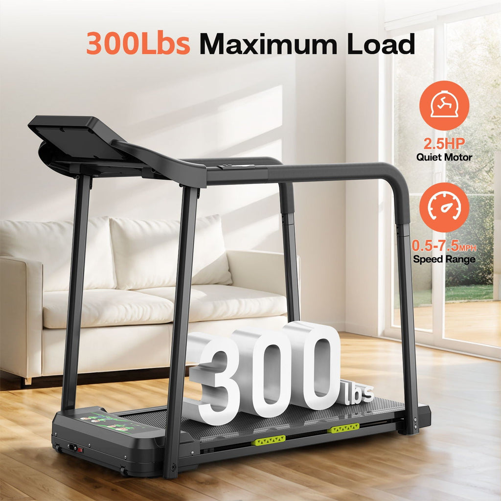 Walking Pad Treadmill With Foldable Design, Large LED Display, Stable Handrails - Black