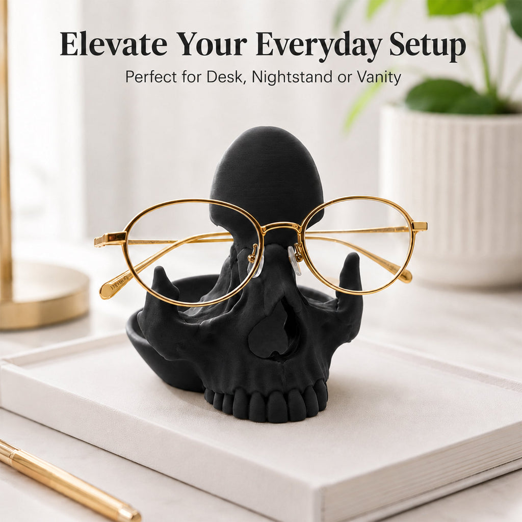 3D Printed Skull Eyeglasses Holder With Catchall Tray, Gothic Glasses Stand Desk Organizer For Sunglasses, Jewelry And Small Items