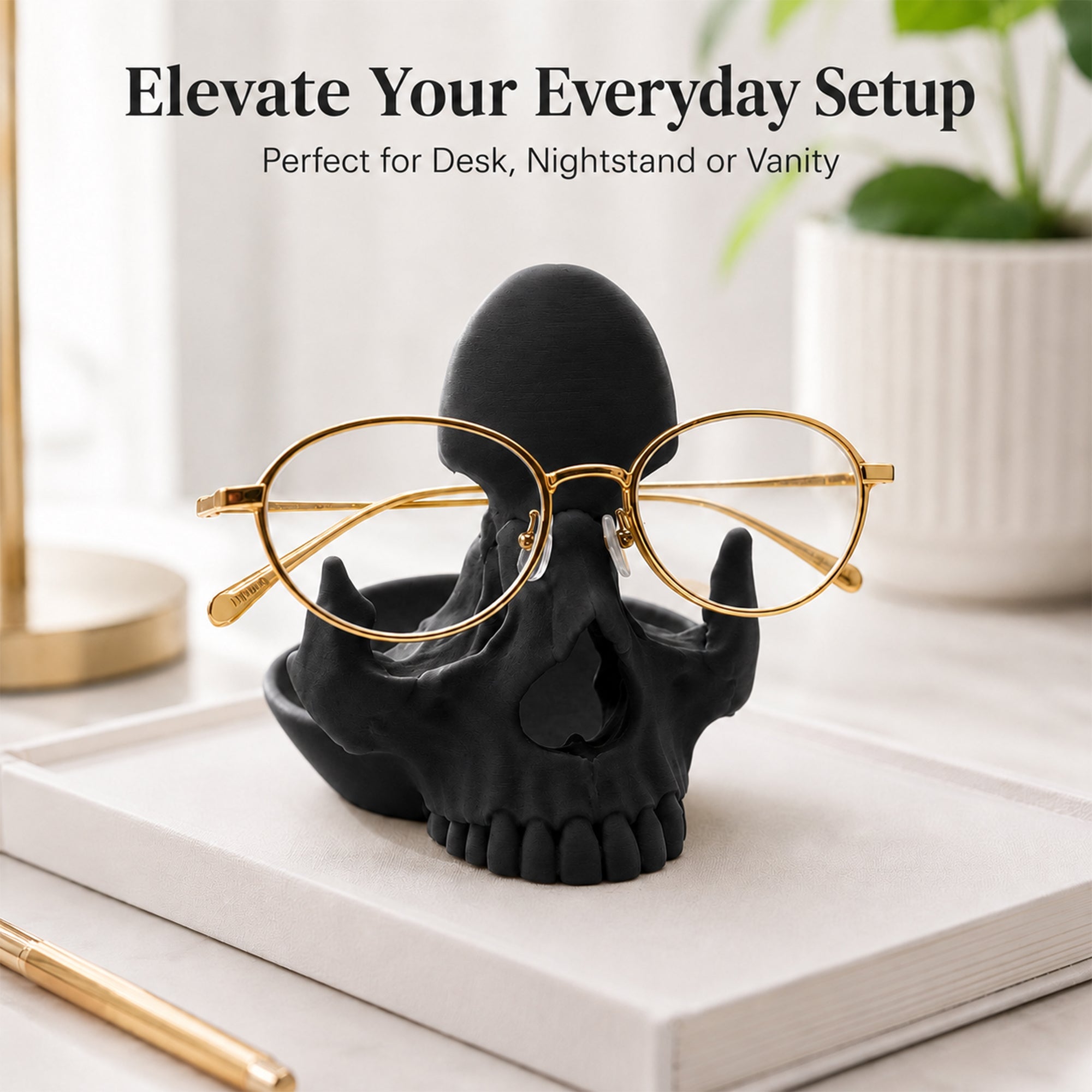 3D Printed Skull Eyeglasses Holder With Catchall Tray, Gothic Glasses Stand Desk Organizer For Sunglasses, Jewelry And Small Items