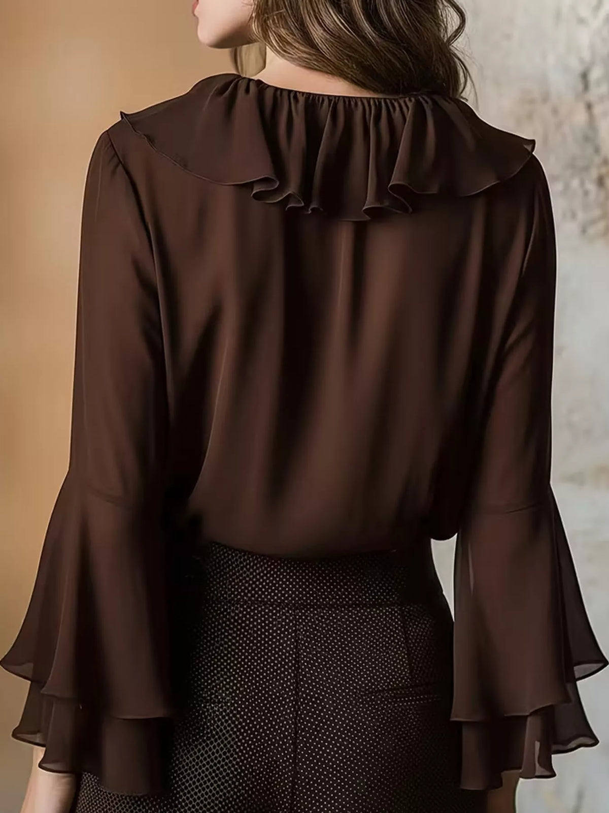 Ruffle-Trim V-Neck Blouse with Bell Sleeves