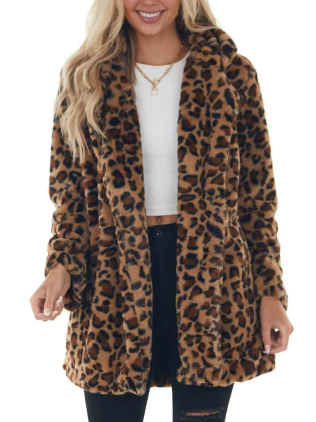 Full Size Leopard Open Front Outerwear Plus Size