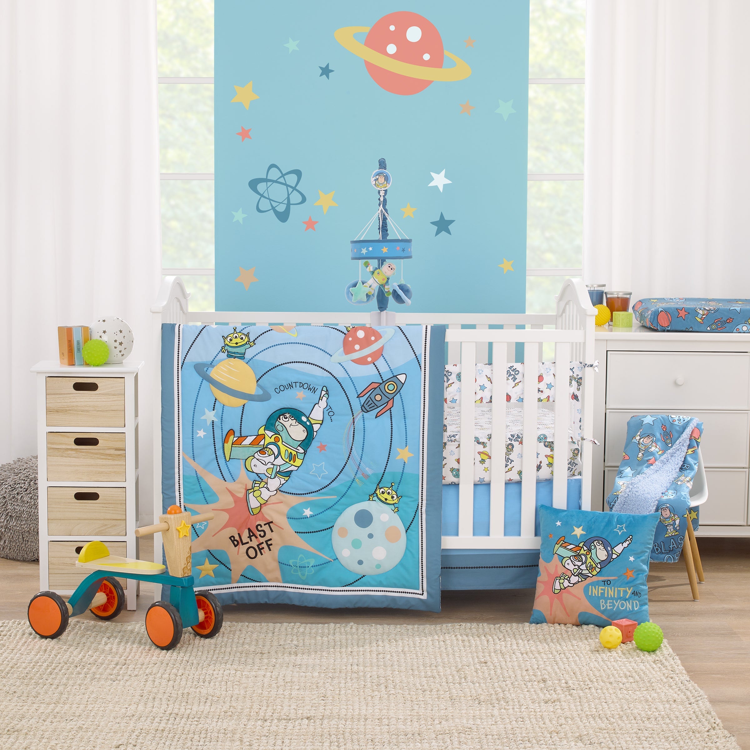 Disney Toy Story Buzz Lightyear Blue, Orange, Green and White Blast-Off Crib Liner