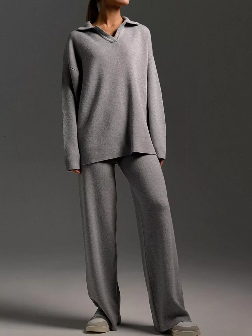 Polo Collar Top and Wide-Leg Pants Set