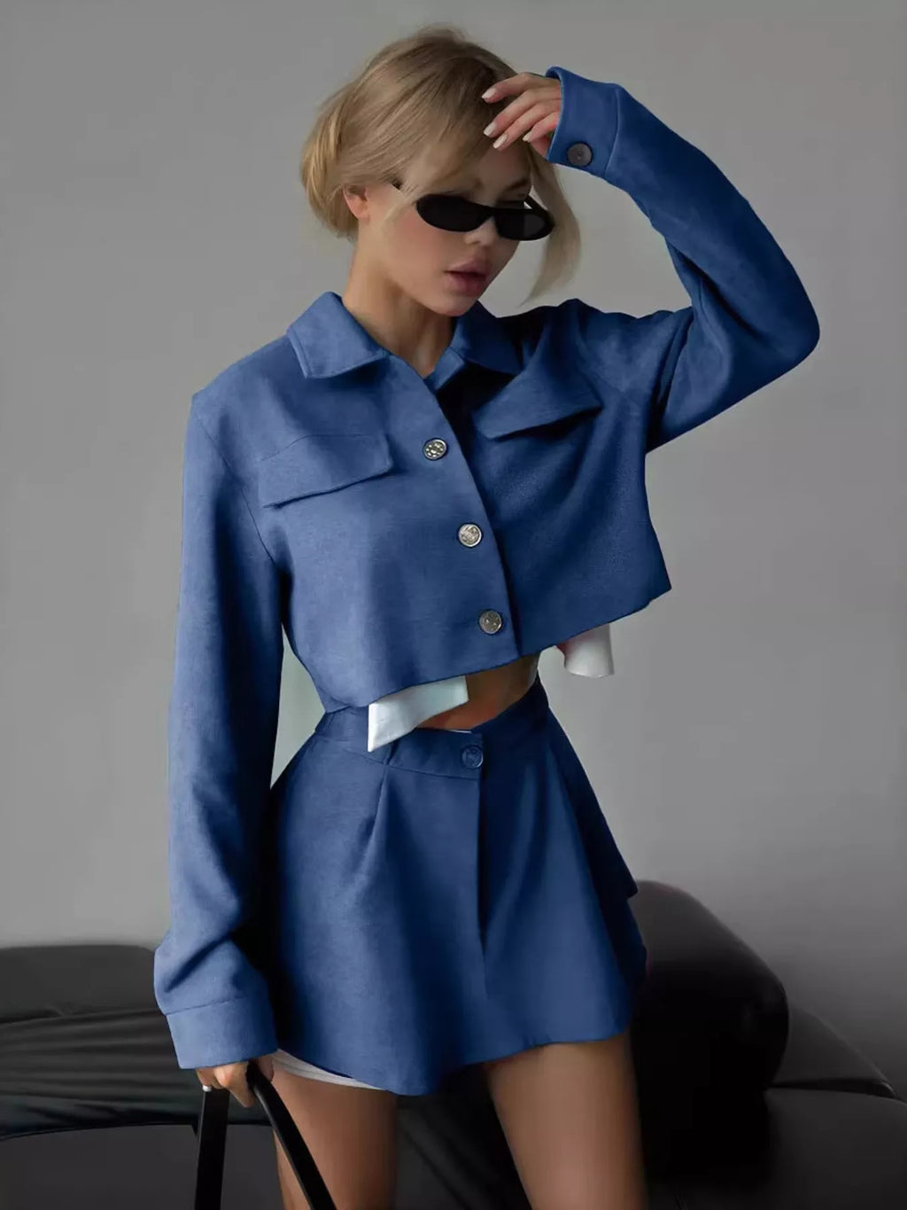 Button Up Cropped Jacket and Mini Skirt Set