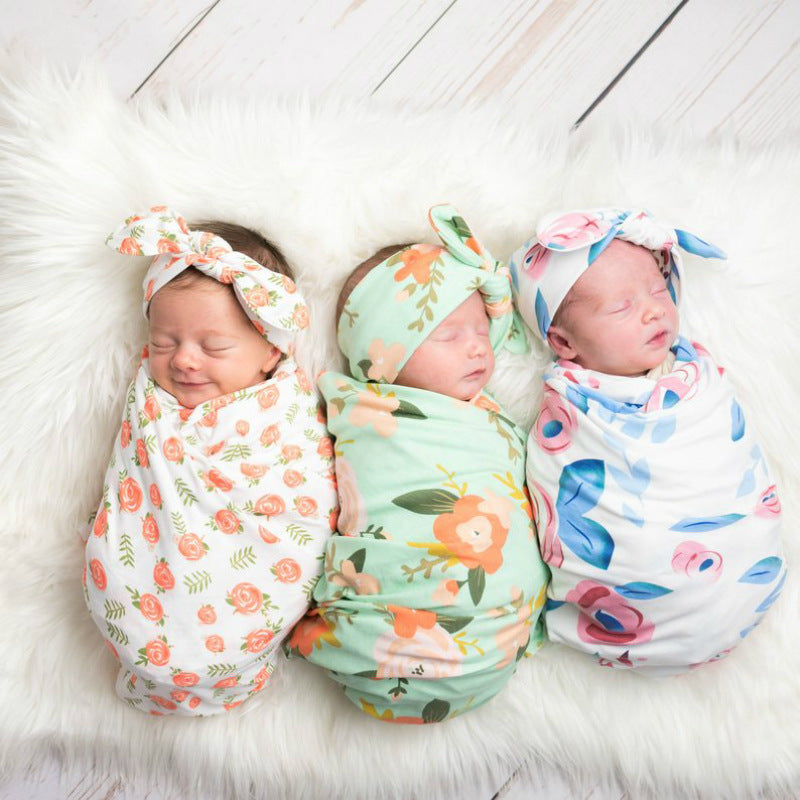 Newborn Swaddle Cloth With Rabbit-ear Knot Hairband Wrap Towel