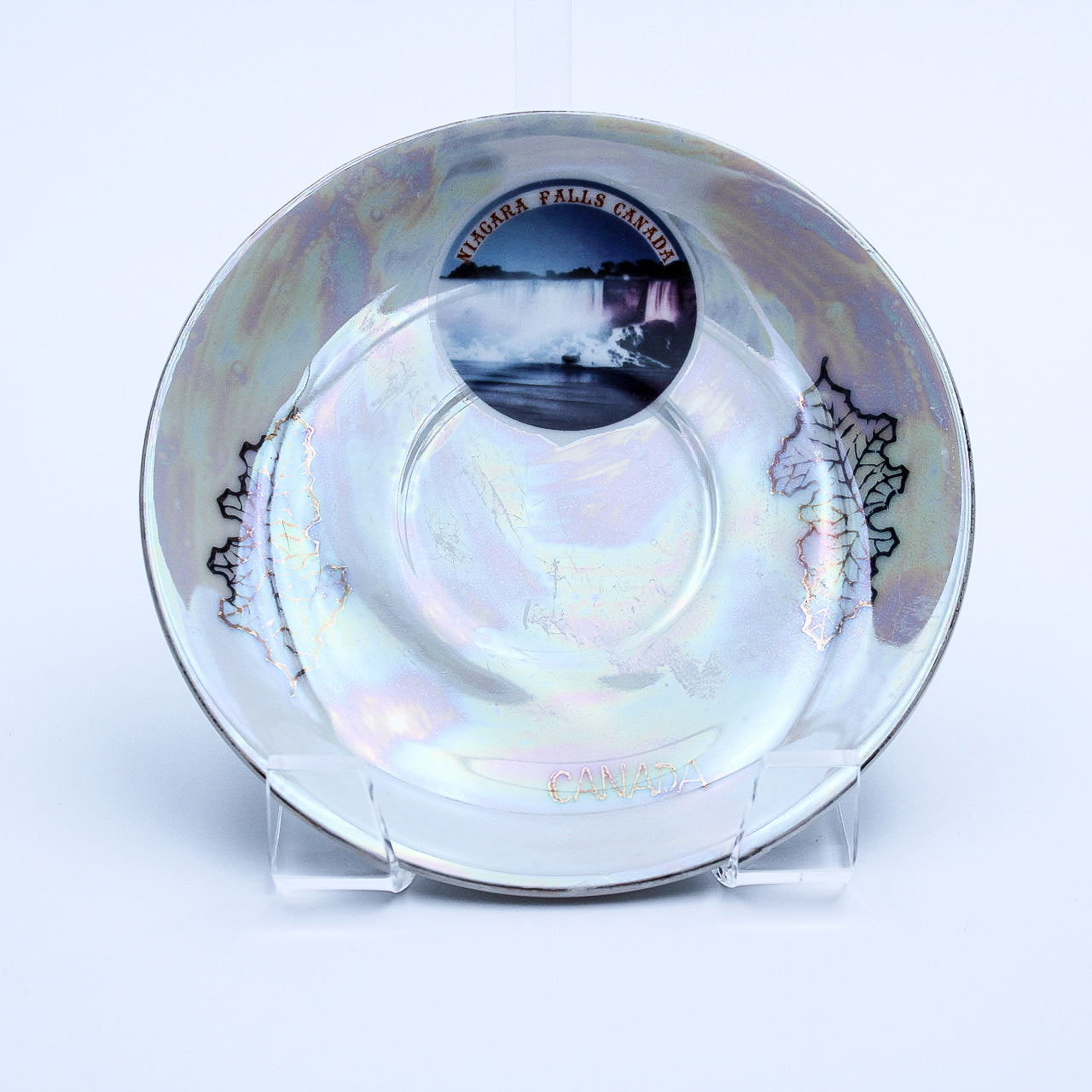 Iridescent Niagara Falls Teacup and Saucer — Gold Maple Leaves