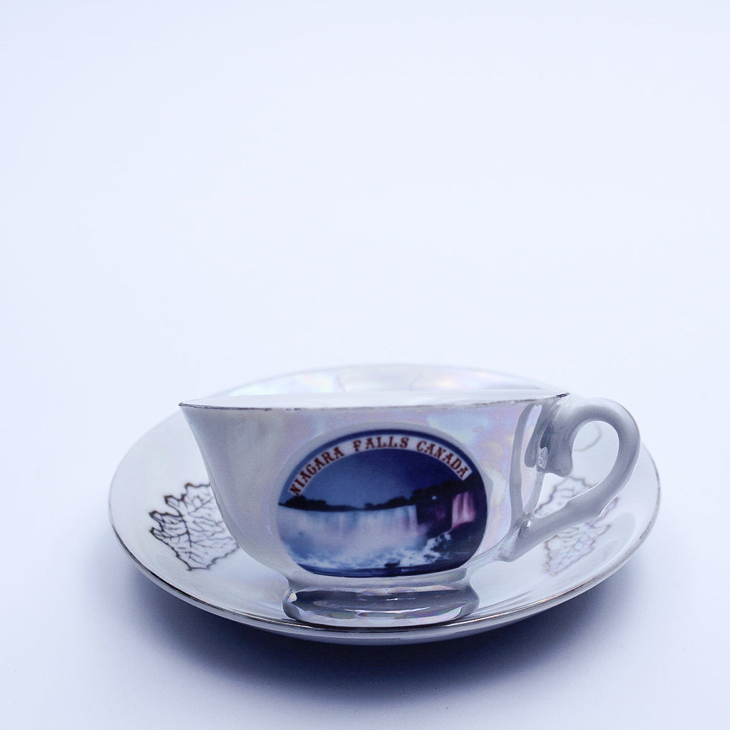 Iridescent Niagara Falls Teacup and Saucer — Gold Maple Leaves
