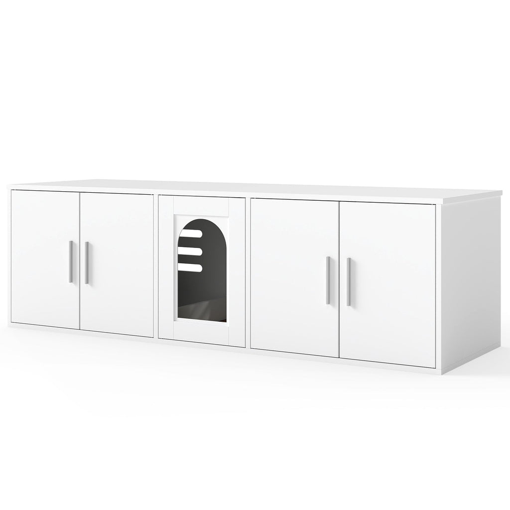 Cat Litter Box Enclosure for 2 Cats with Double Rooms and Sisal Scratching Mat-White