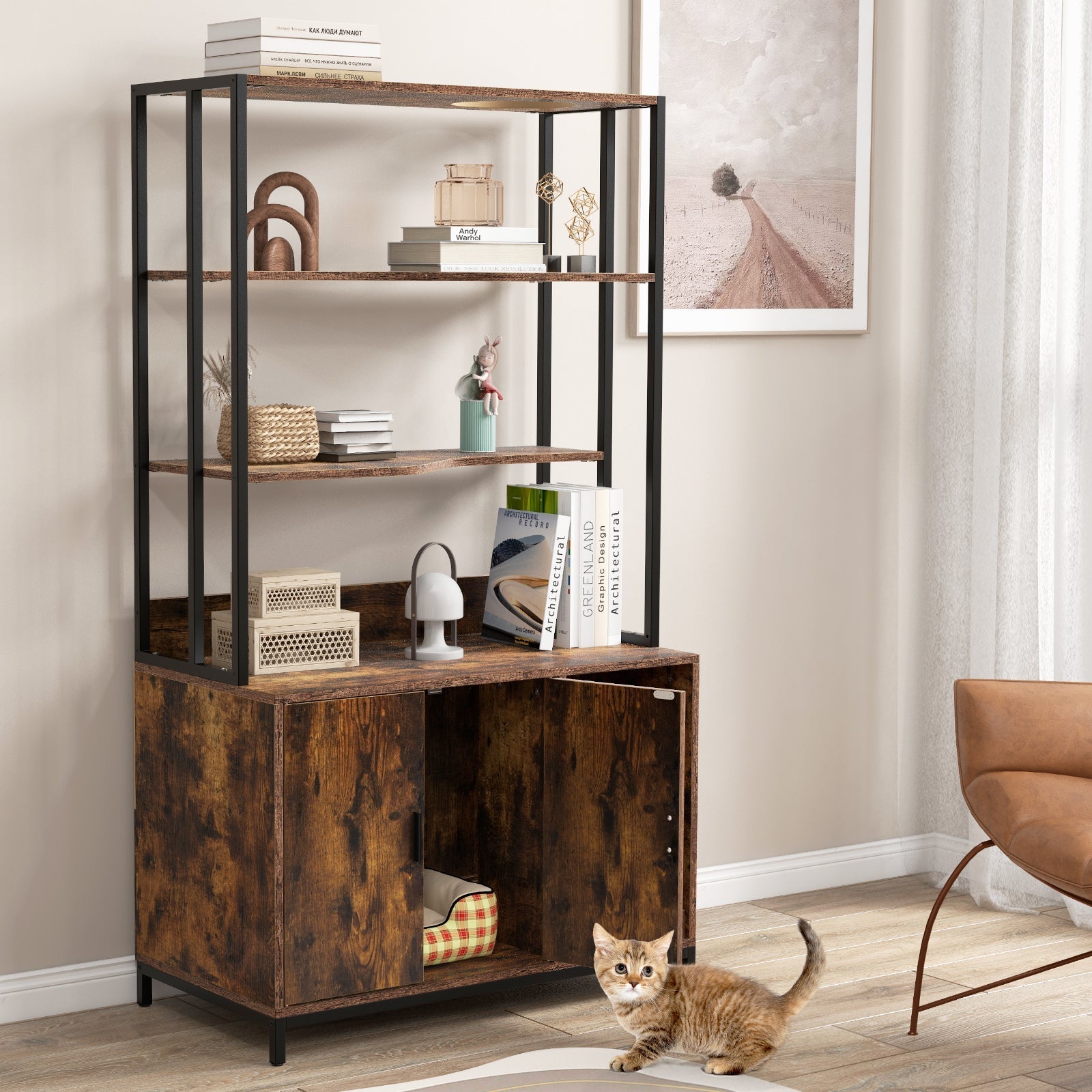 Cat Litter Box Enclosure with Storage and 3-tier Shelves