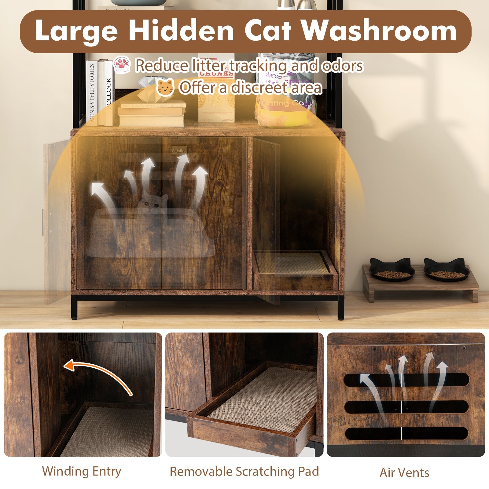 Cat Litter Box Enclosure with Storage and 3-tier Shelves