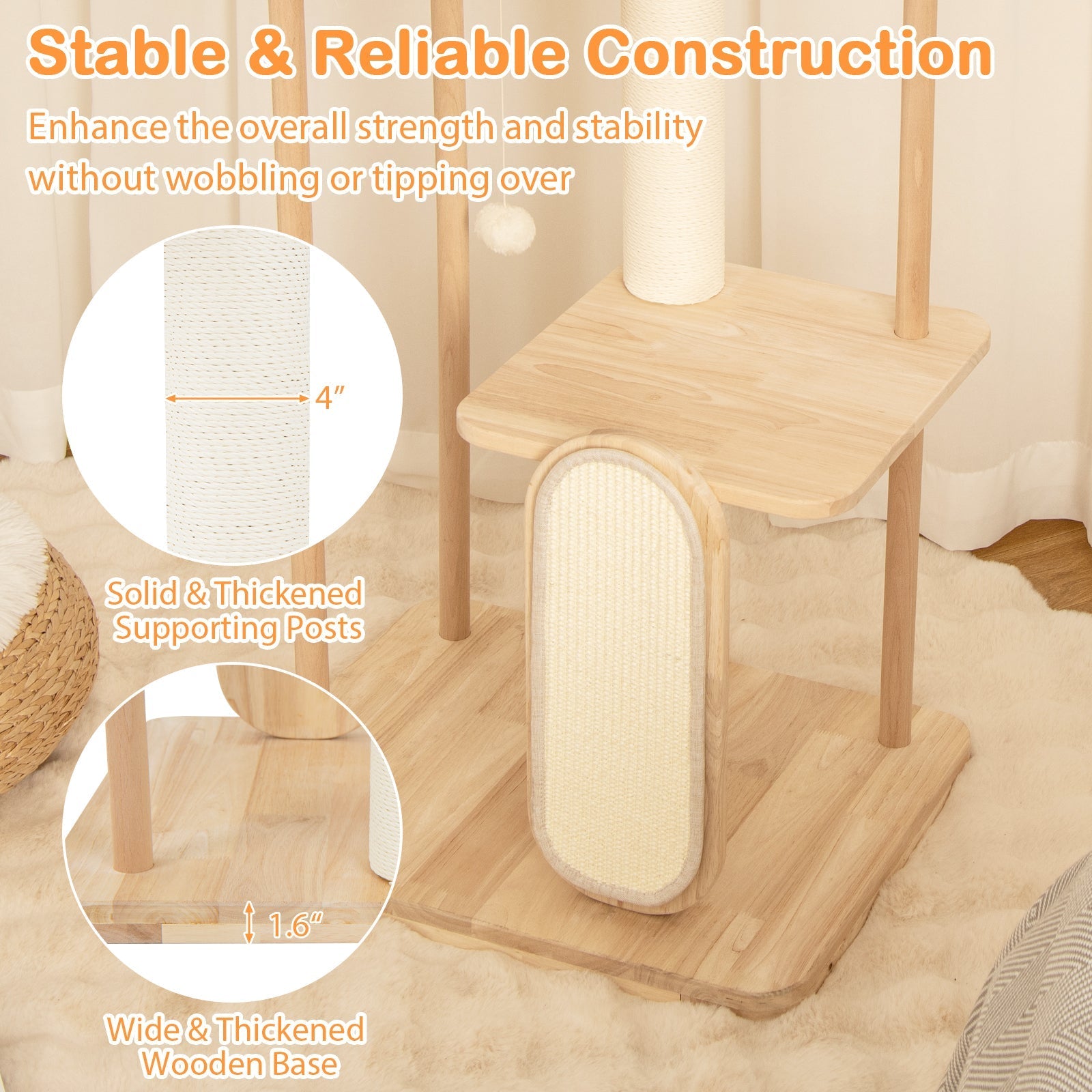 Wooden Multi-level Modern Cat Tower with Scratching Board and Post