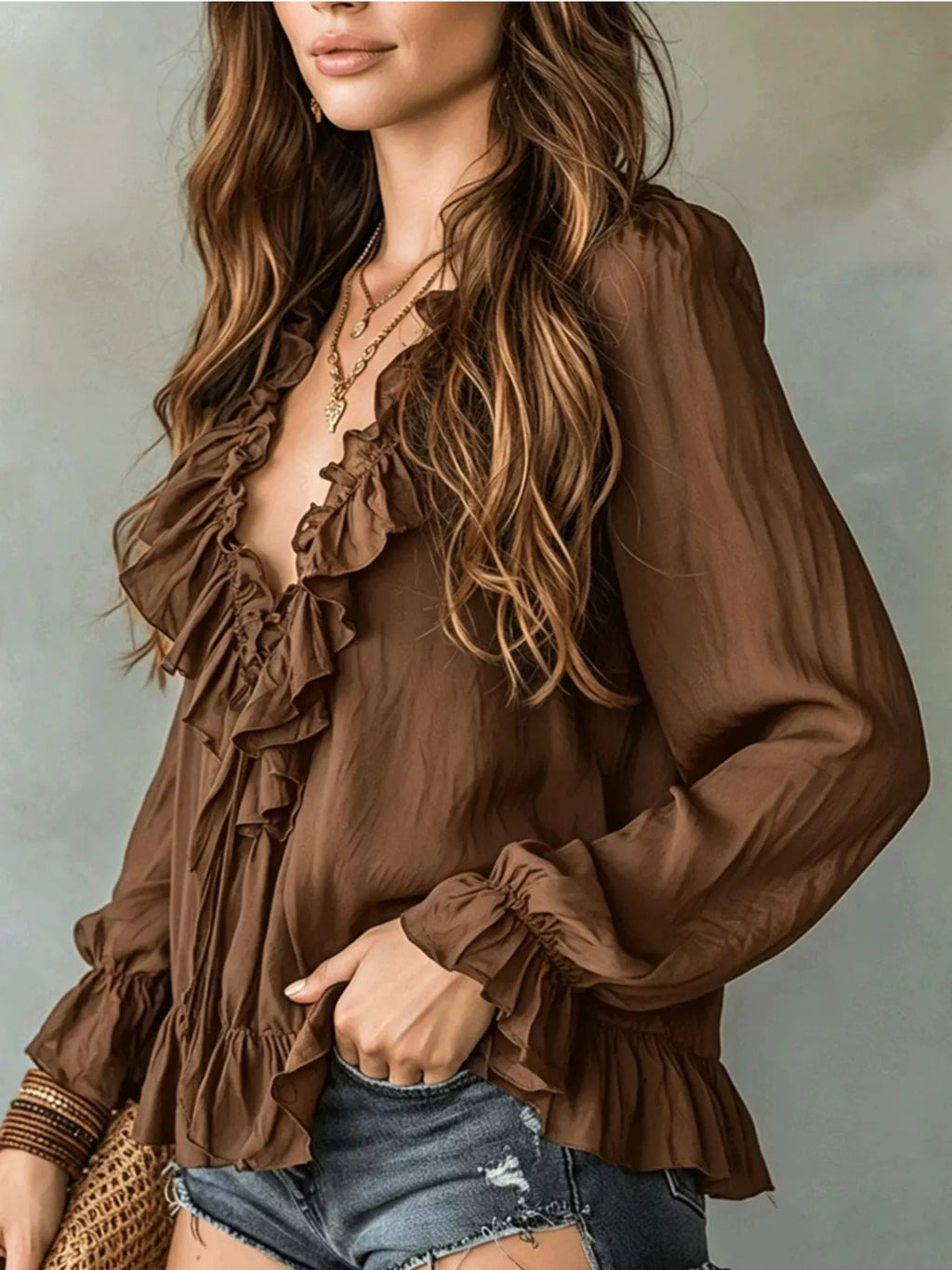 Ruffle V-Neck Long Sleeve Blouse