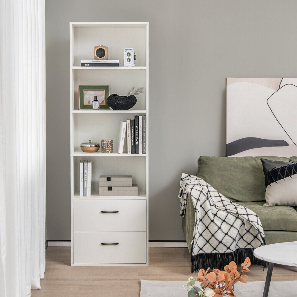 6-Tier Tall Freestanding Bookshelf with 4 Open Shelves and 2 Drawers
