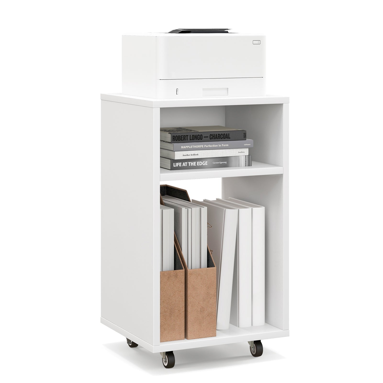 Mobile File Cabinet Wooden Printer Stand Vertical Storage Organizer-White