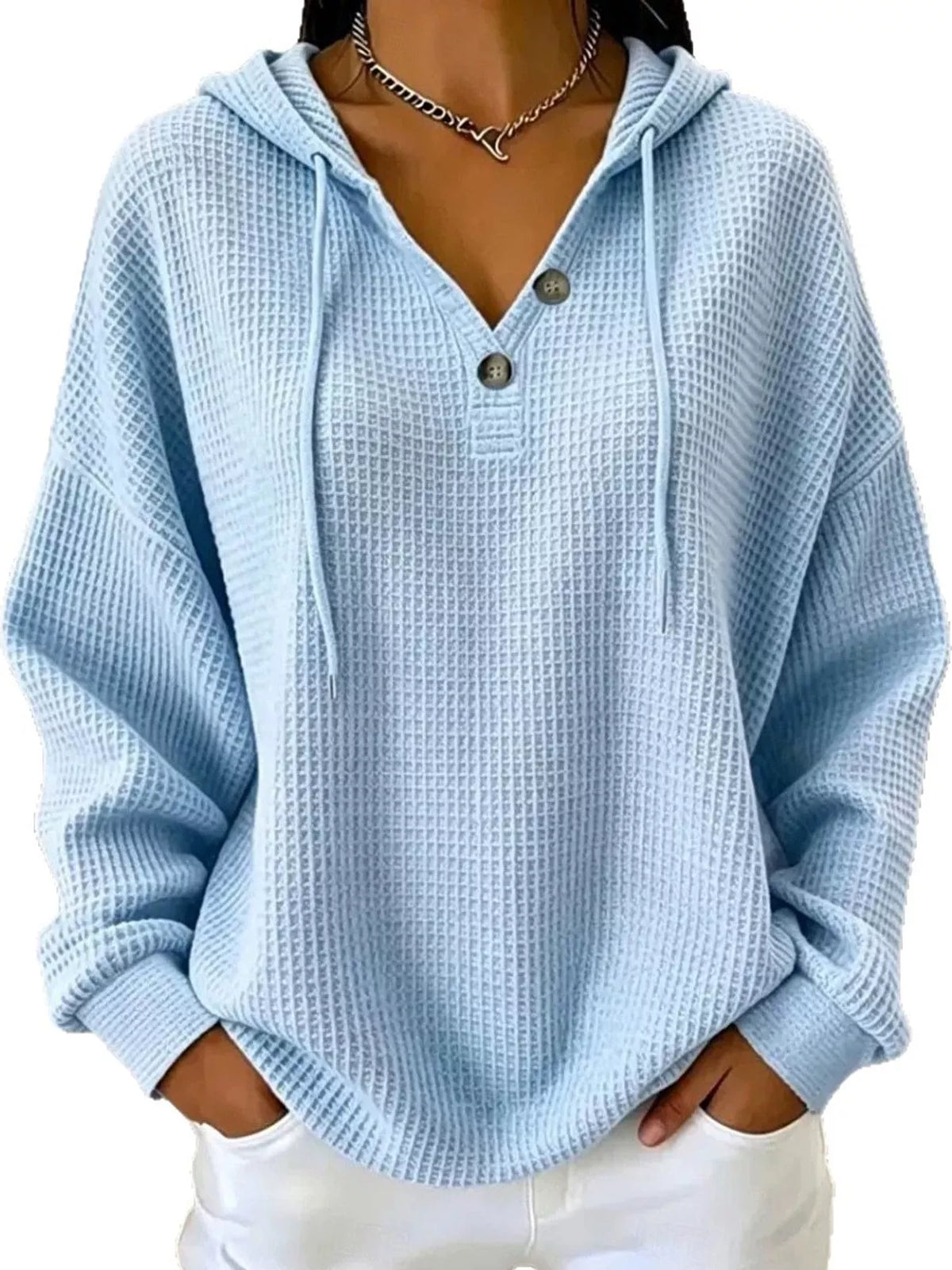 Full Size Waffle Knit Button Detail Hoodie Plus Size