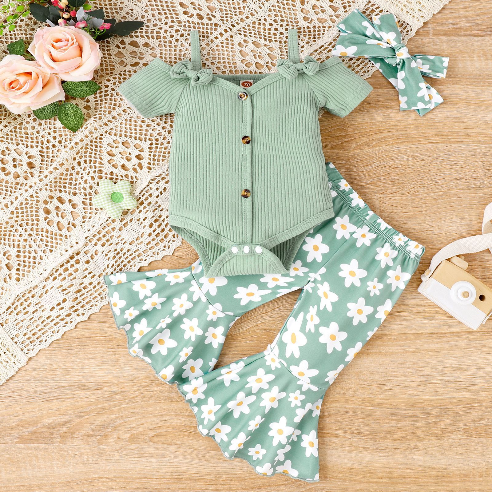 Solid Color Sling Off-shoulder Top Floral Bell-bottom Pants Suit