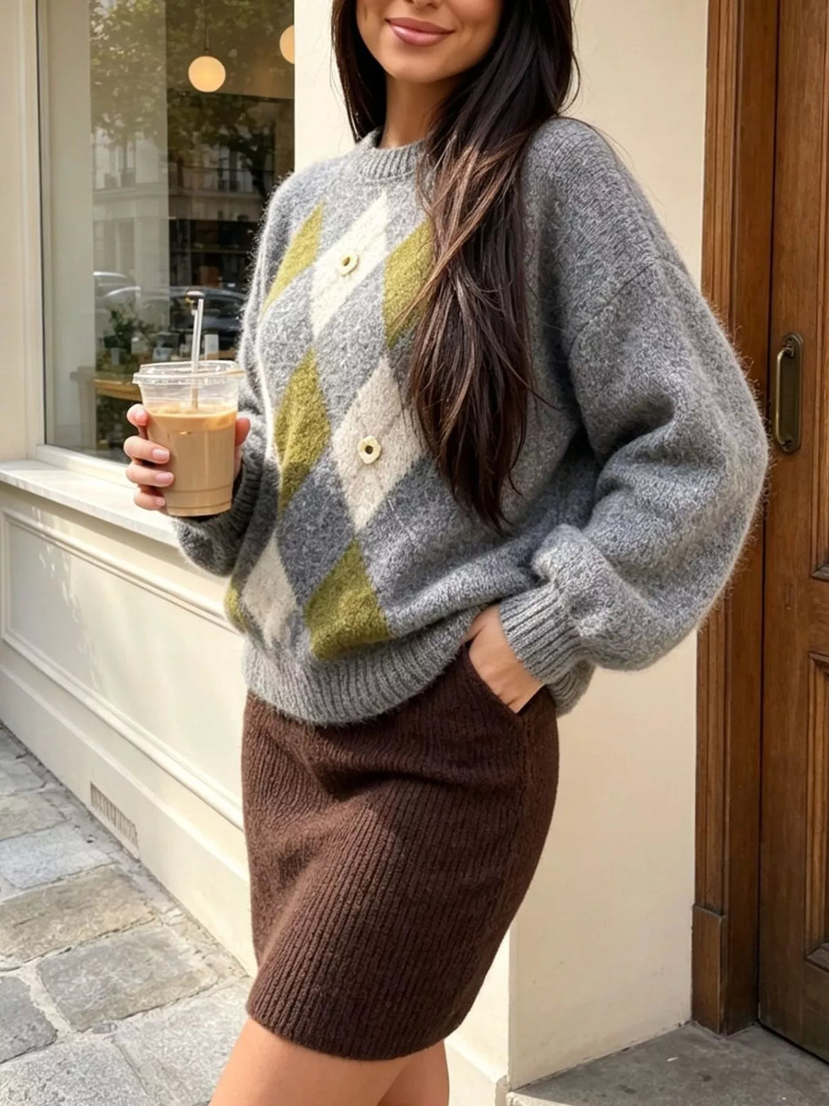 Argyle Pattern Raglan Sleeve Sweater