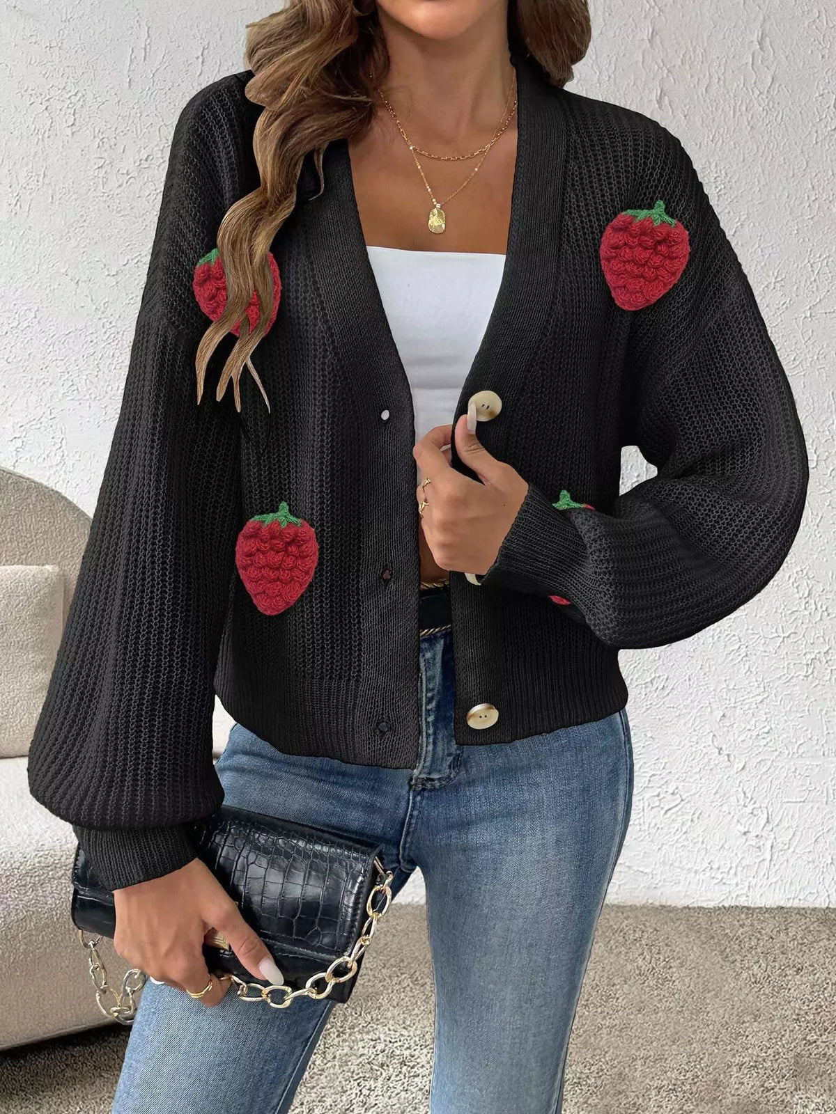 Strawberry Applique Button Up Cardigan