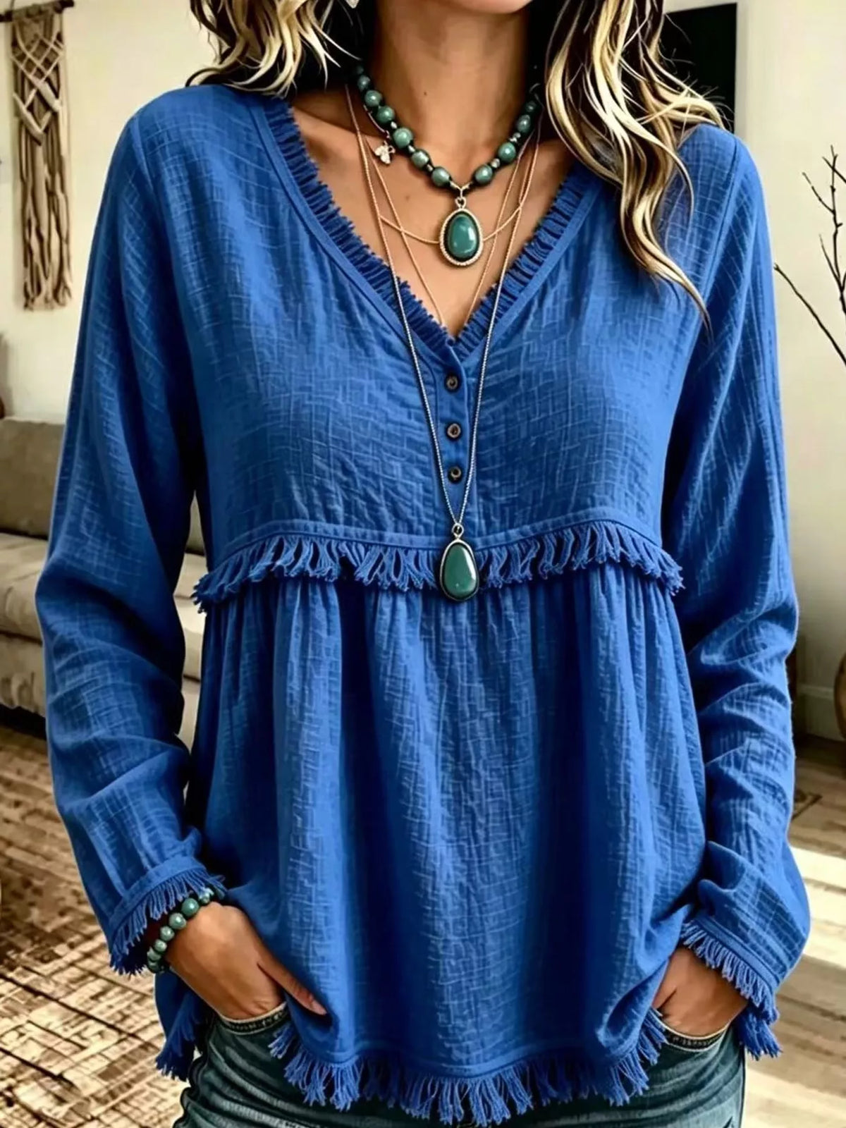 Full Size Fringed Trim V-Neck Long Sleeve Blouse Plus Size