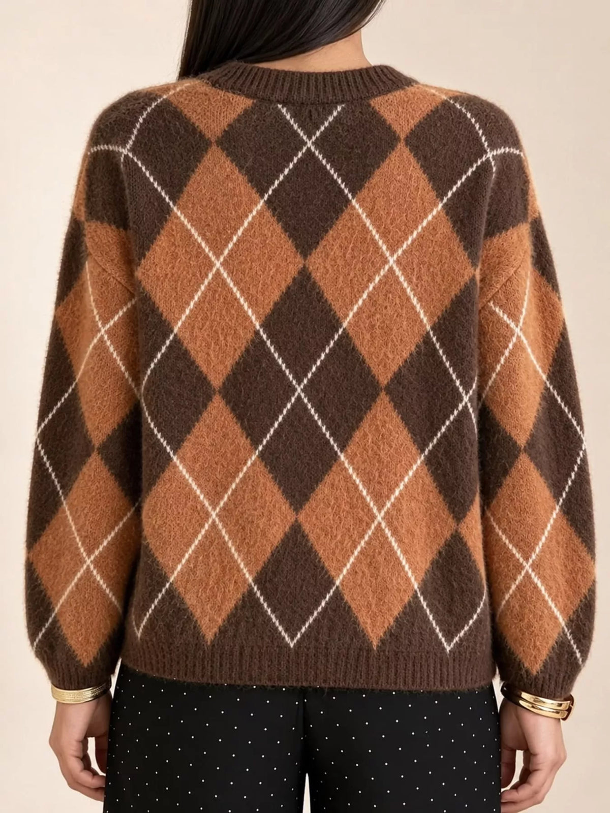 Argyle Pattern Fuzzy Knit Sweater