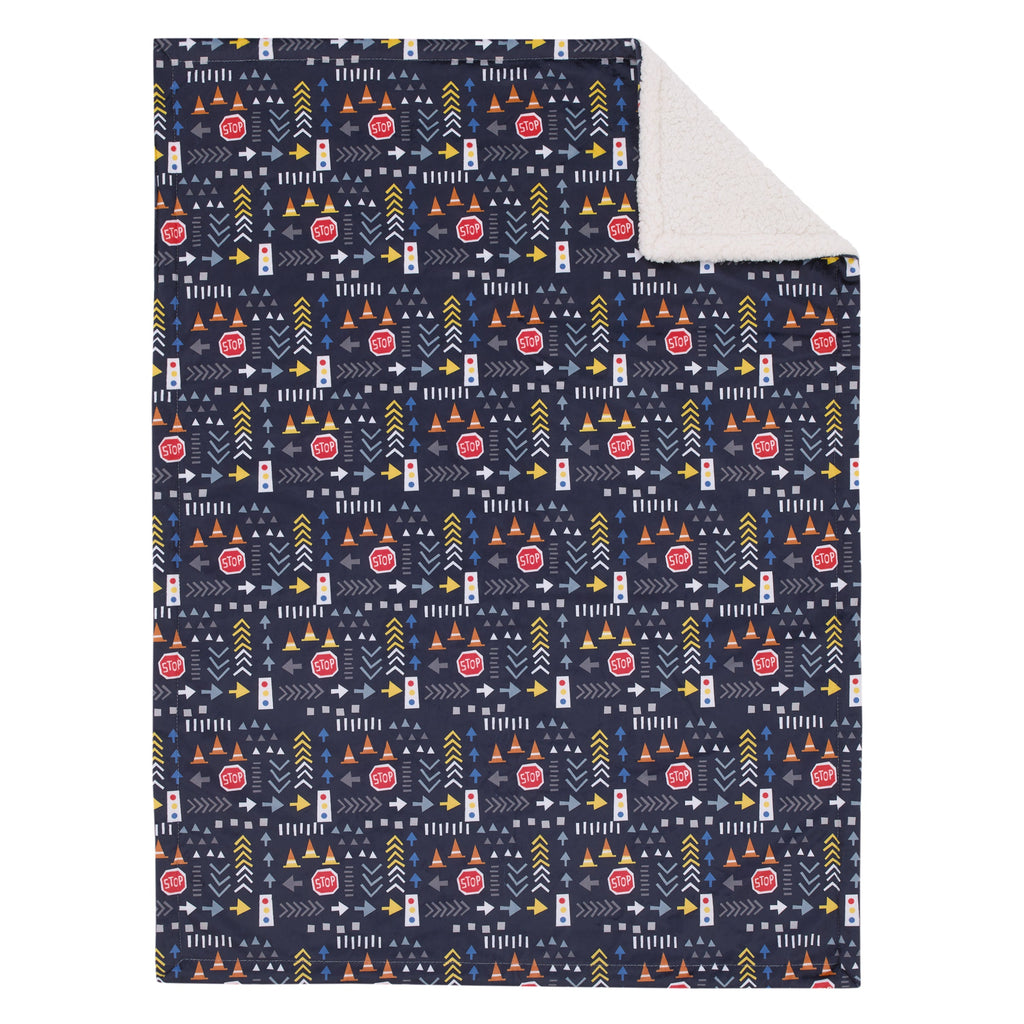 Transportation Trails Navy, Red, and Yellow Stop Light Super Soft Sherpa Baby Blanket