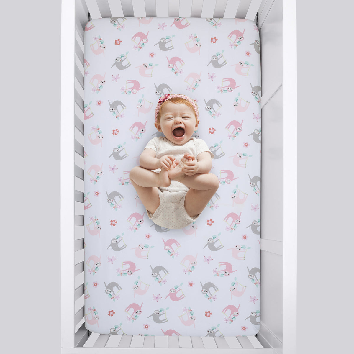 Tropical Garden Pink, Grey, and White Sloth Super Soft Fitted Crib Sheet
