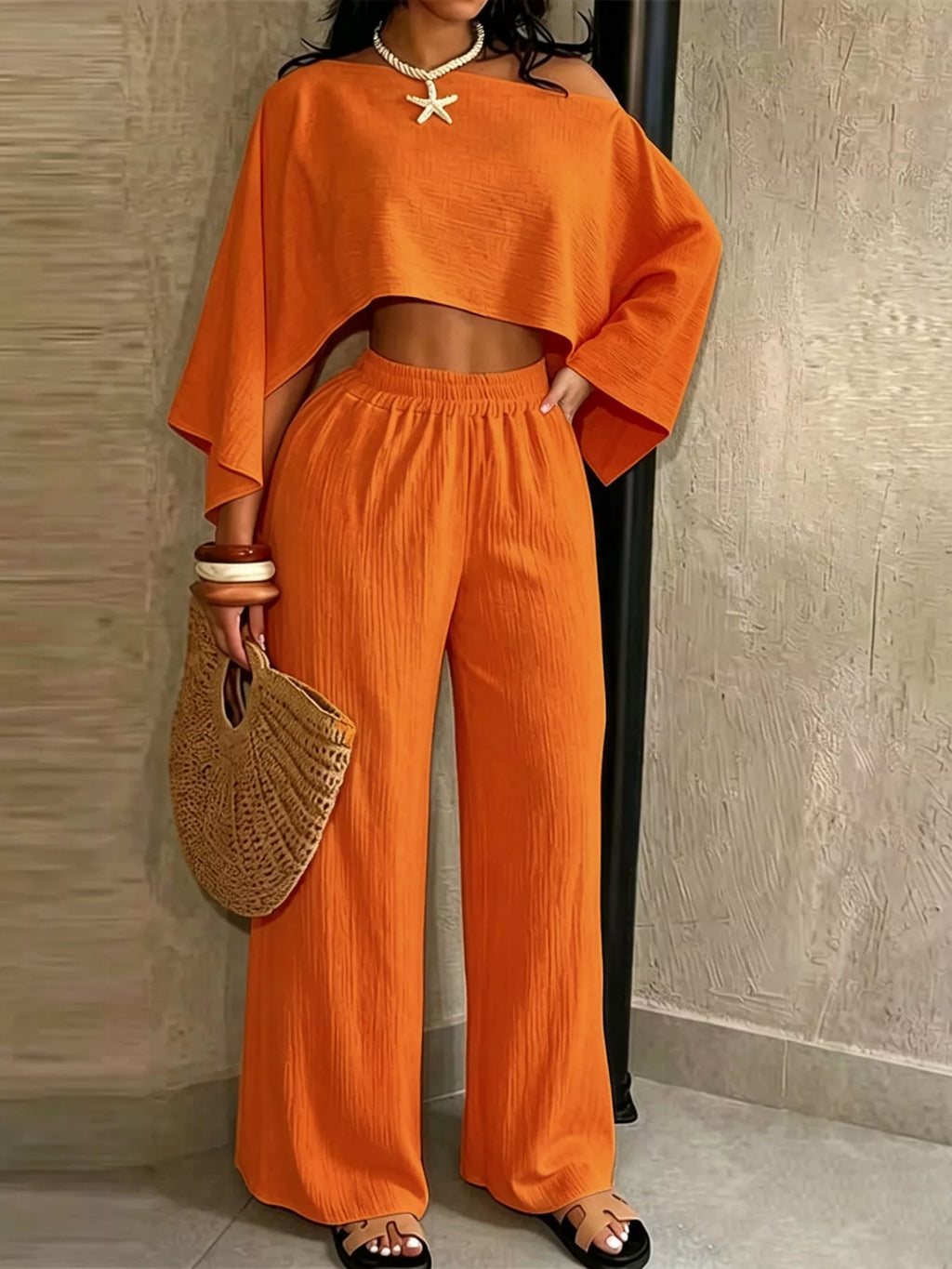 Boat Neck Crop Top and Wide-Leg Pants Set