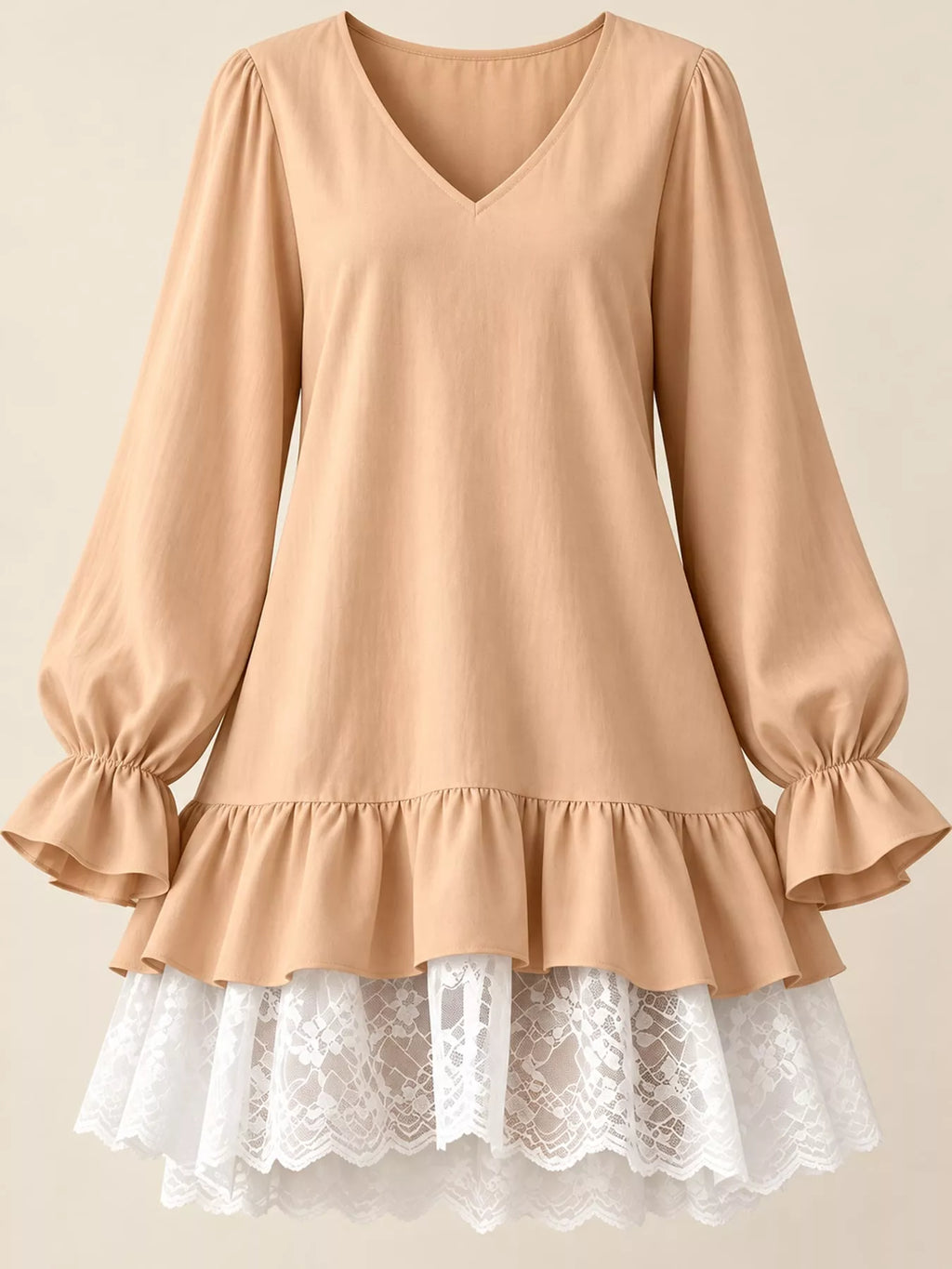 Lace Hem V-Neck Flounce Sleeve Dress