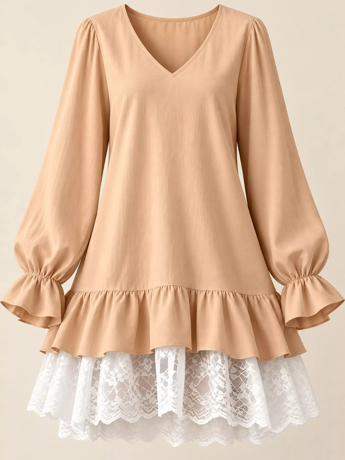 Lace Hem V-Neck Flounce Sleeve Dress