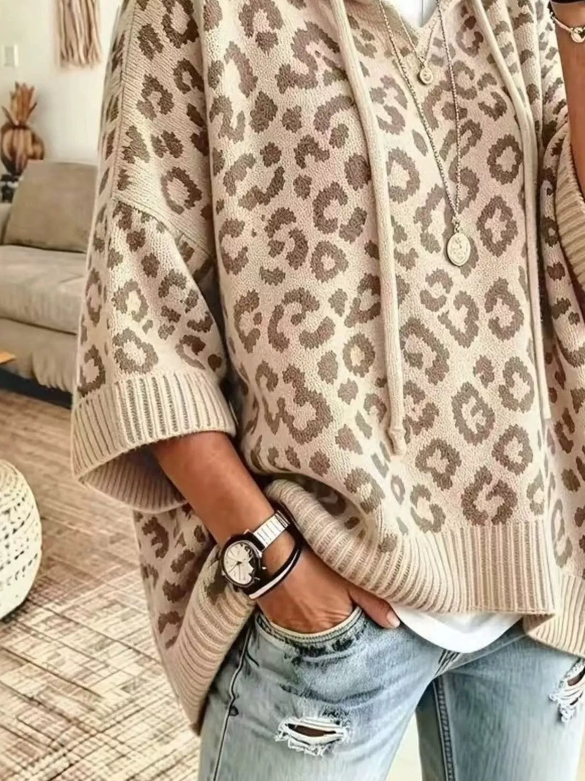 Leopard Print Hooded Knit Sweater