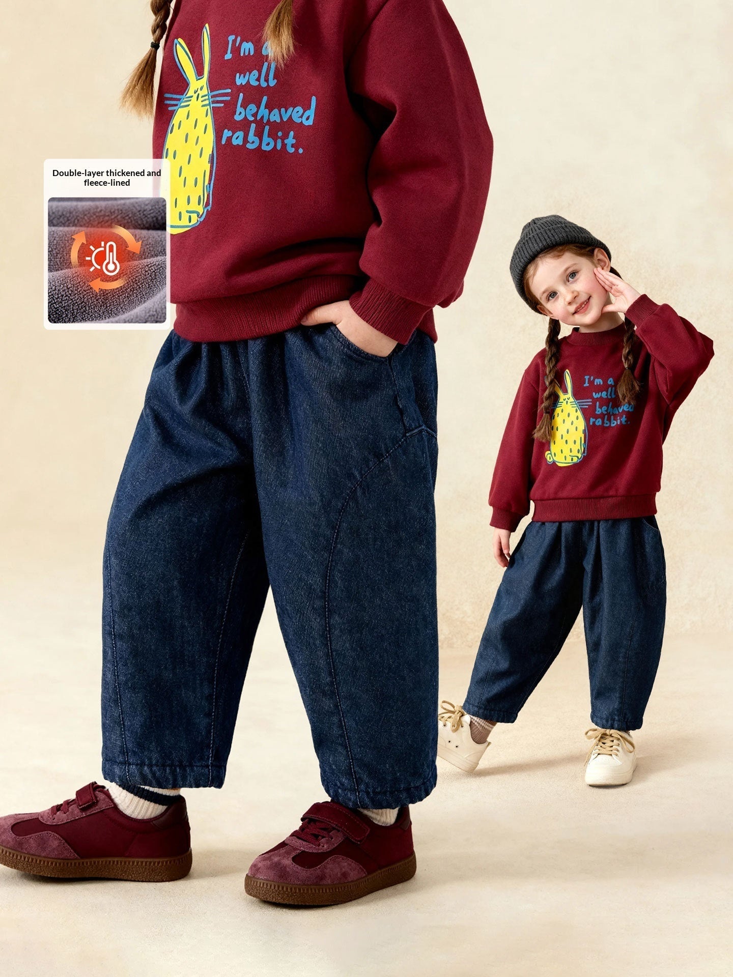 Solid-color Versatile Denim Jeans For Little Girls Cute Warm Trousers For Kids