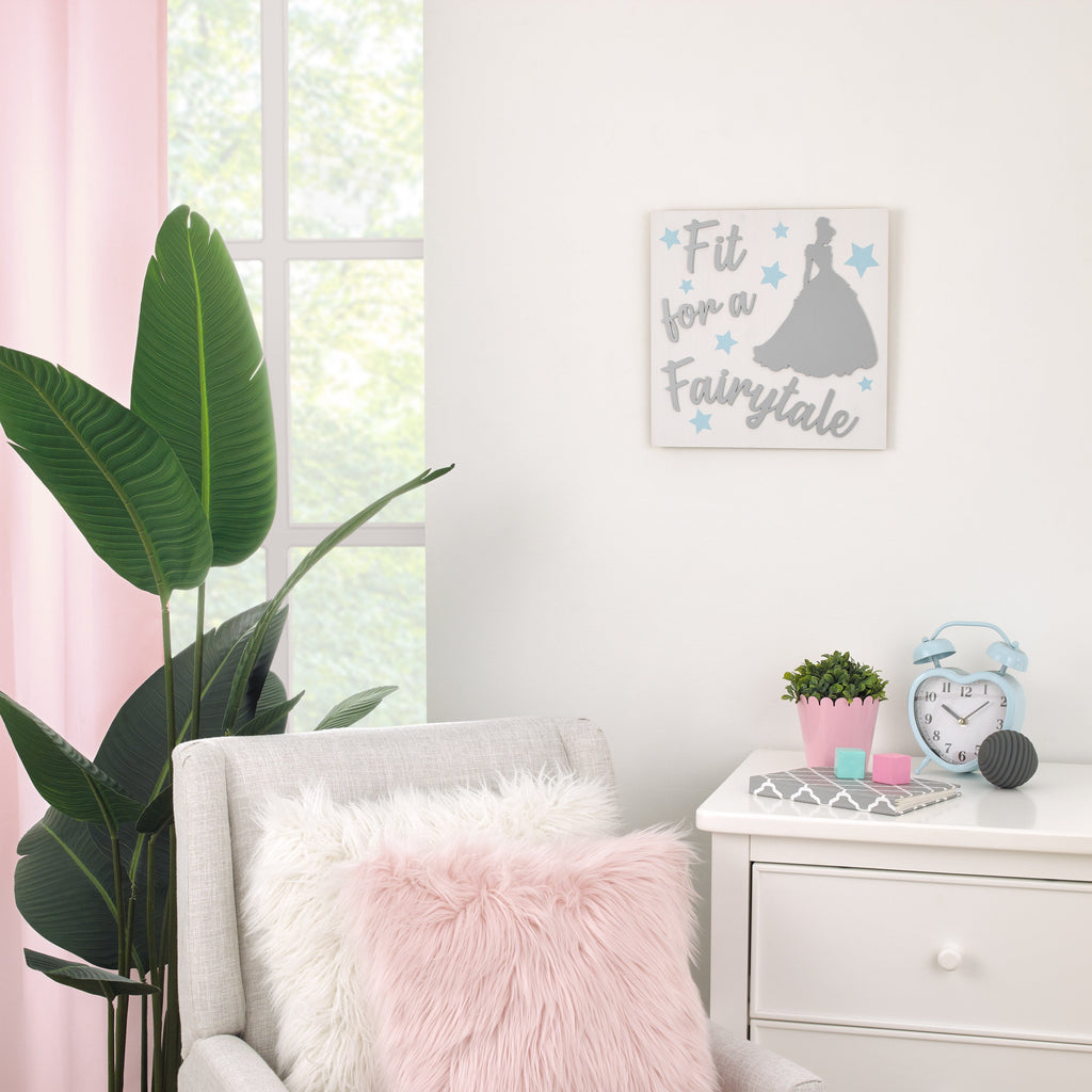 Princess "Fit For a Fairytale" White Wood, Light Blue and Metallic Silver Cinderella Wall Decor