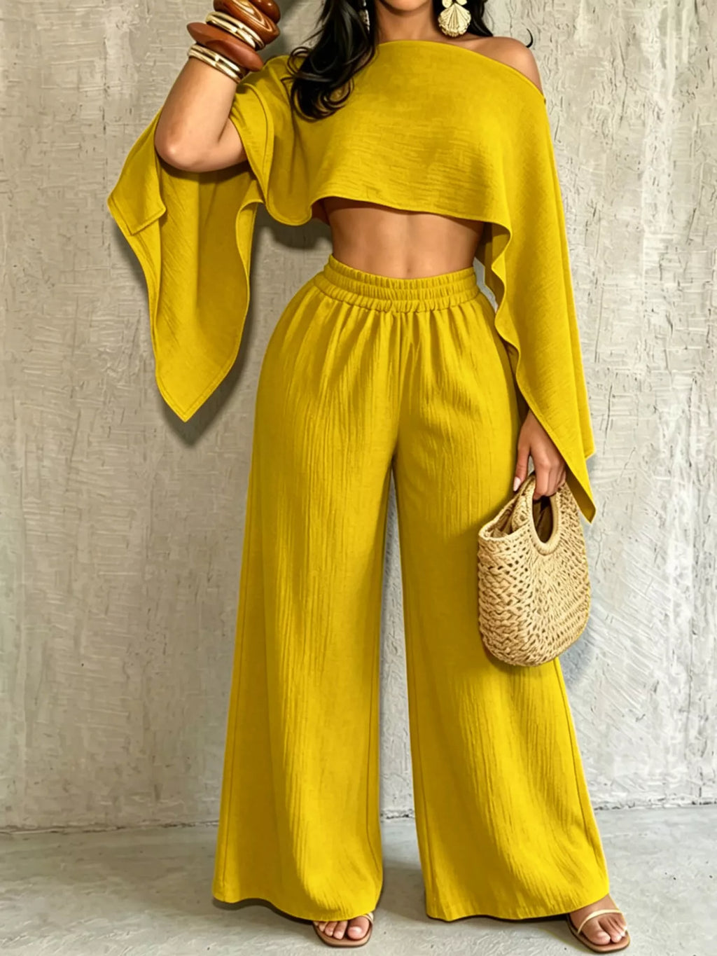 Boat Neck Crop Top and Wide-Leg Pants Set