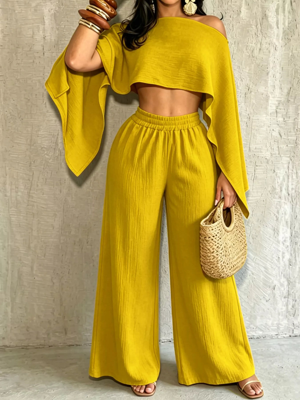 Boat Neck Crop Top and Wide-Leg Pants Set