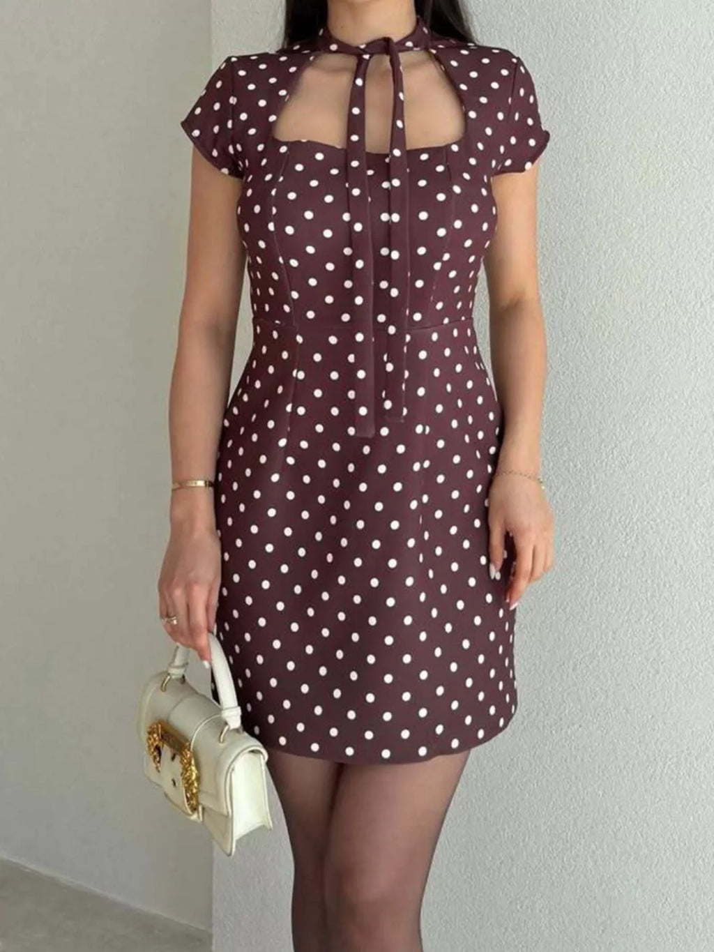 Full Size Polka Dot Tie-Neck Bodycon Mini Dress Plus Size
