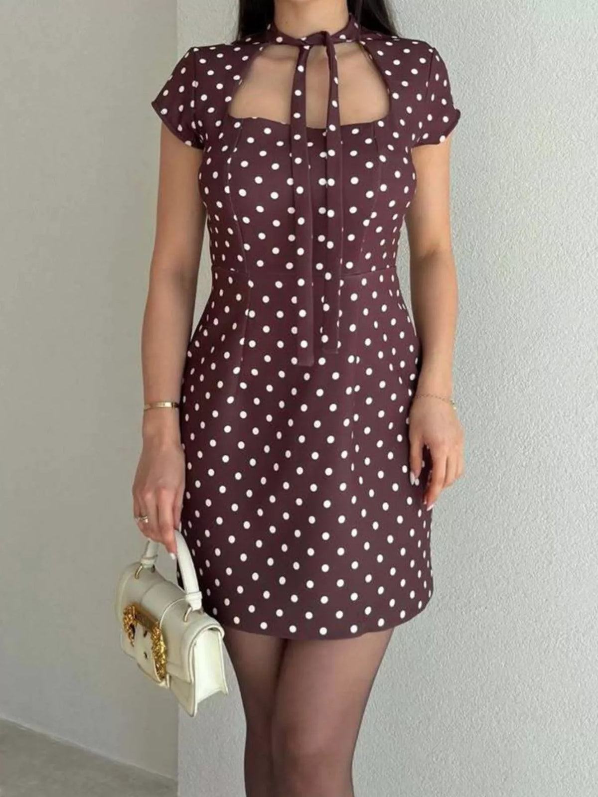 Full Size Polka Dot Tie-Neck Bodycon Mini Dress Plus Size