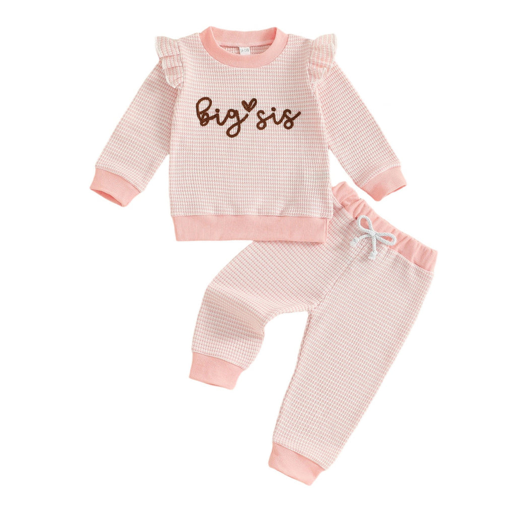 Letter-embroidered Long-sleeve Striped Top And Pants Two-piece Set