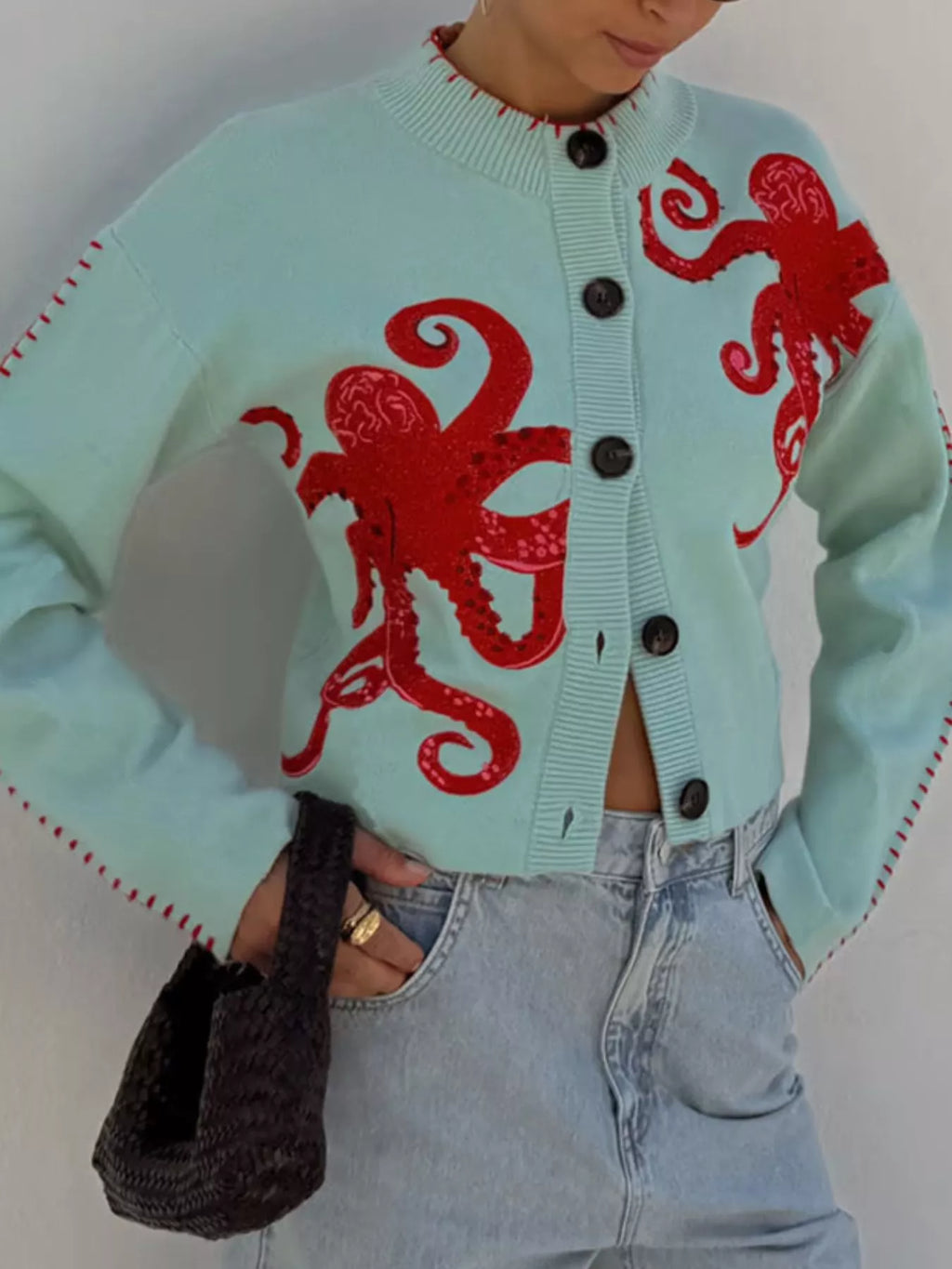 Octopus Button Up Cropped Cardigan